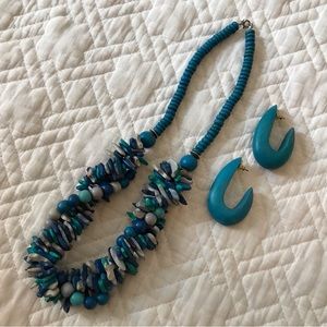 Contempo Fashions Coconut Shell Wood Beads Muticolor Blue Necklace and Earrings